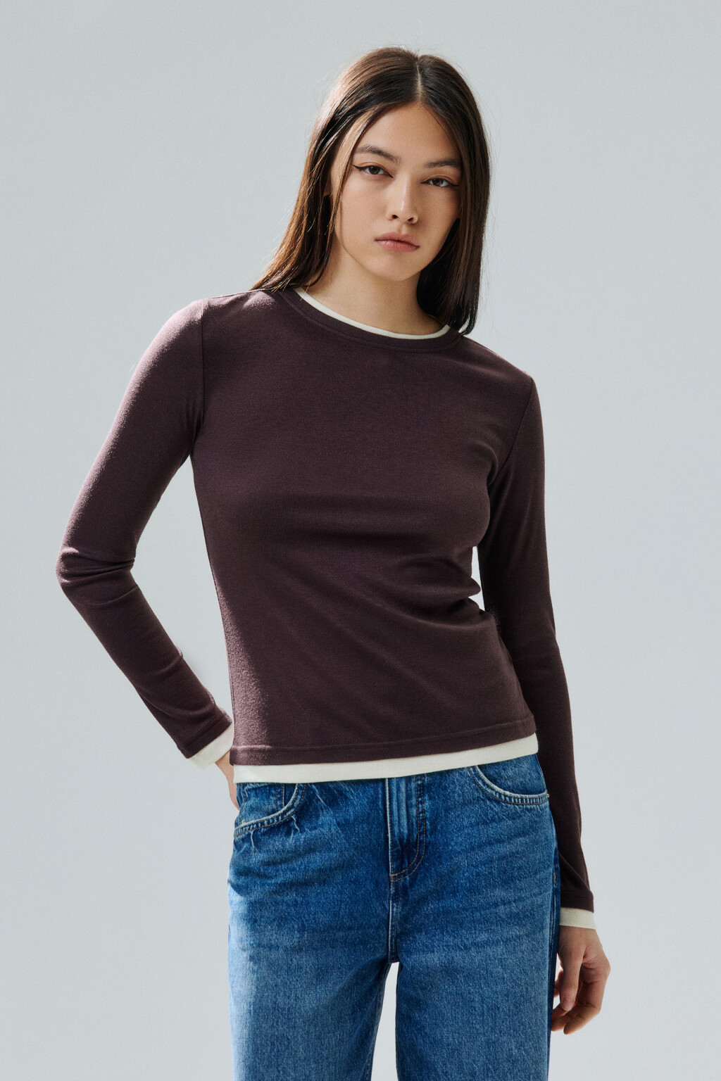 Лонгслив с имитацией второго слоя - цвет коричневый - 3